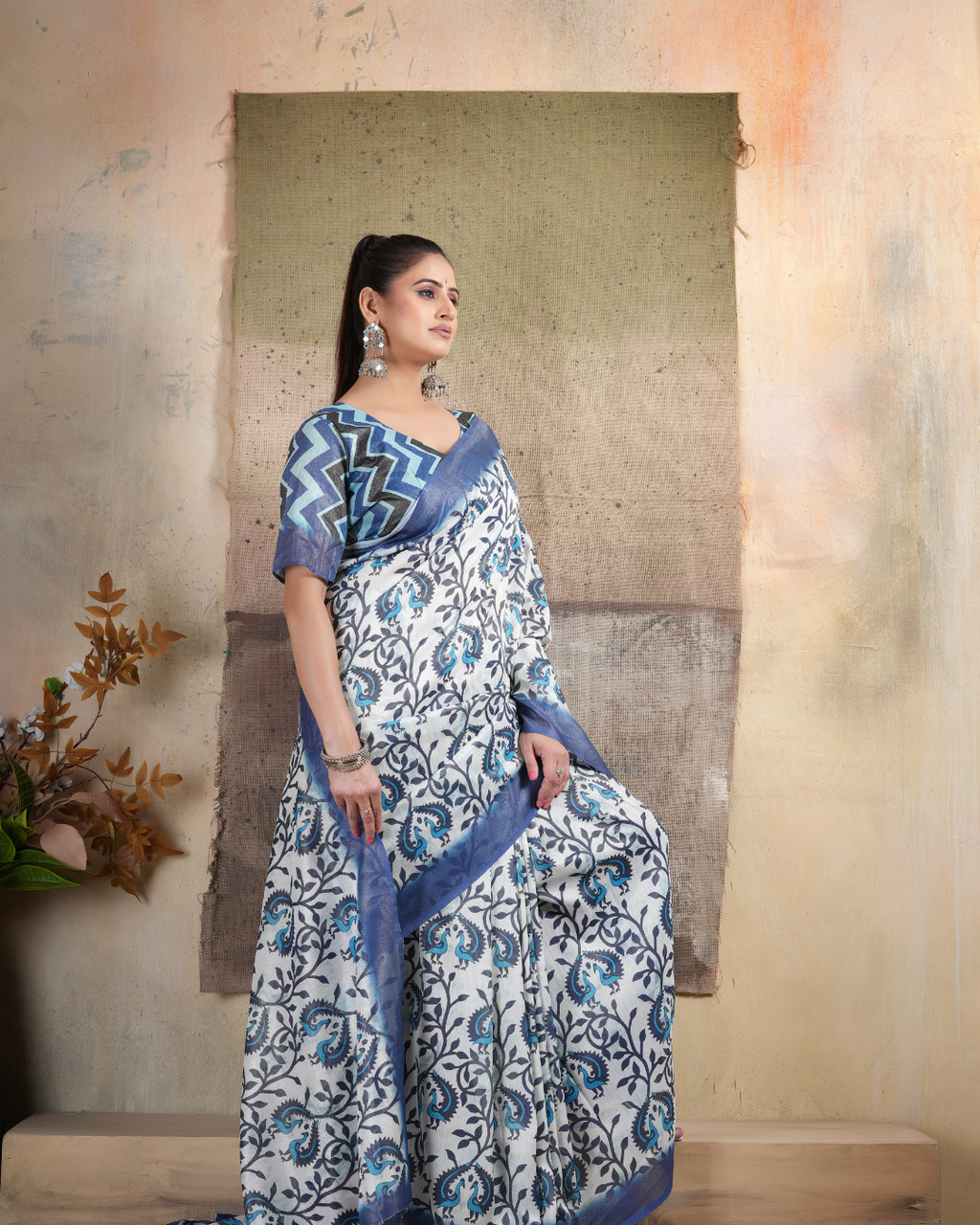 Indigo Peacock Paisley Vine Saree