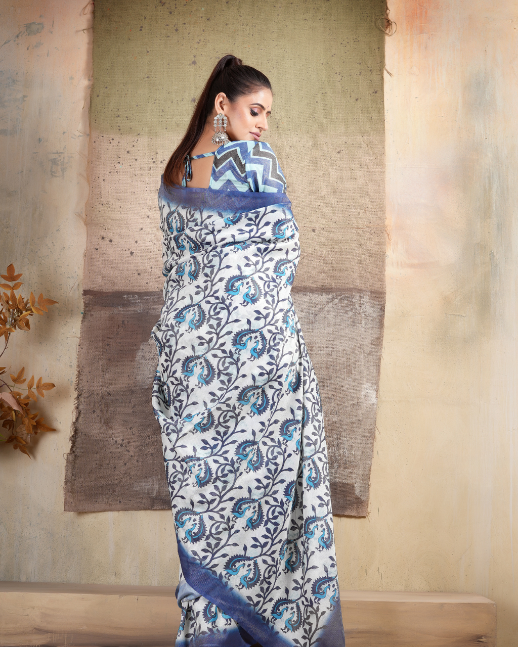Indigo Peacock Paisley Vine Saree