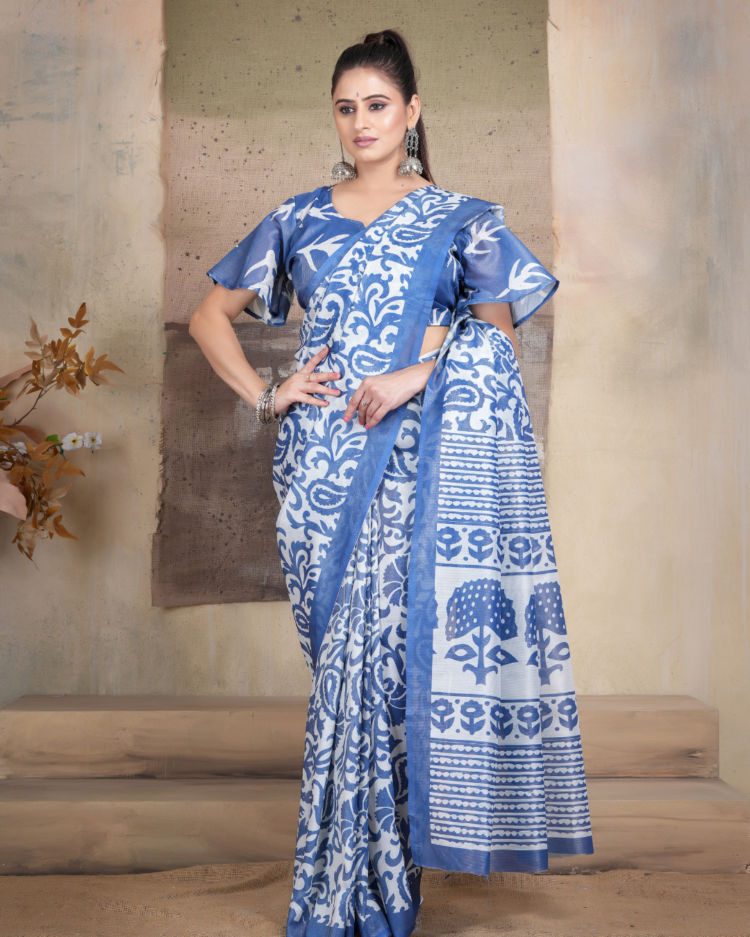 Classic Blue Kalamkari Block Saree