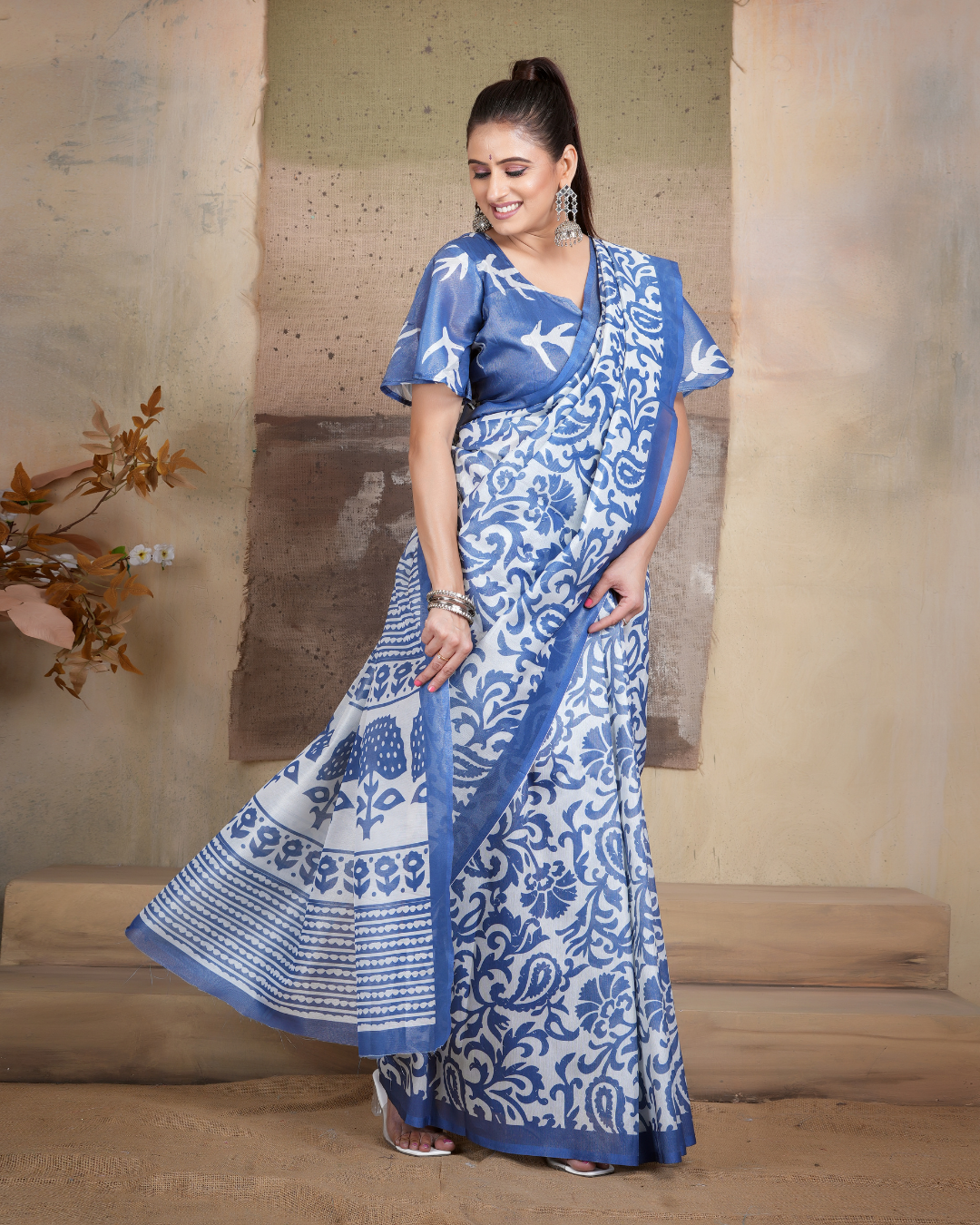 Classic Blue Kalamkari Block Saree