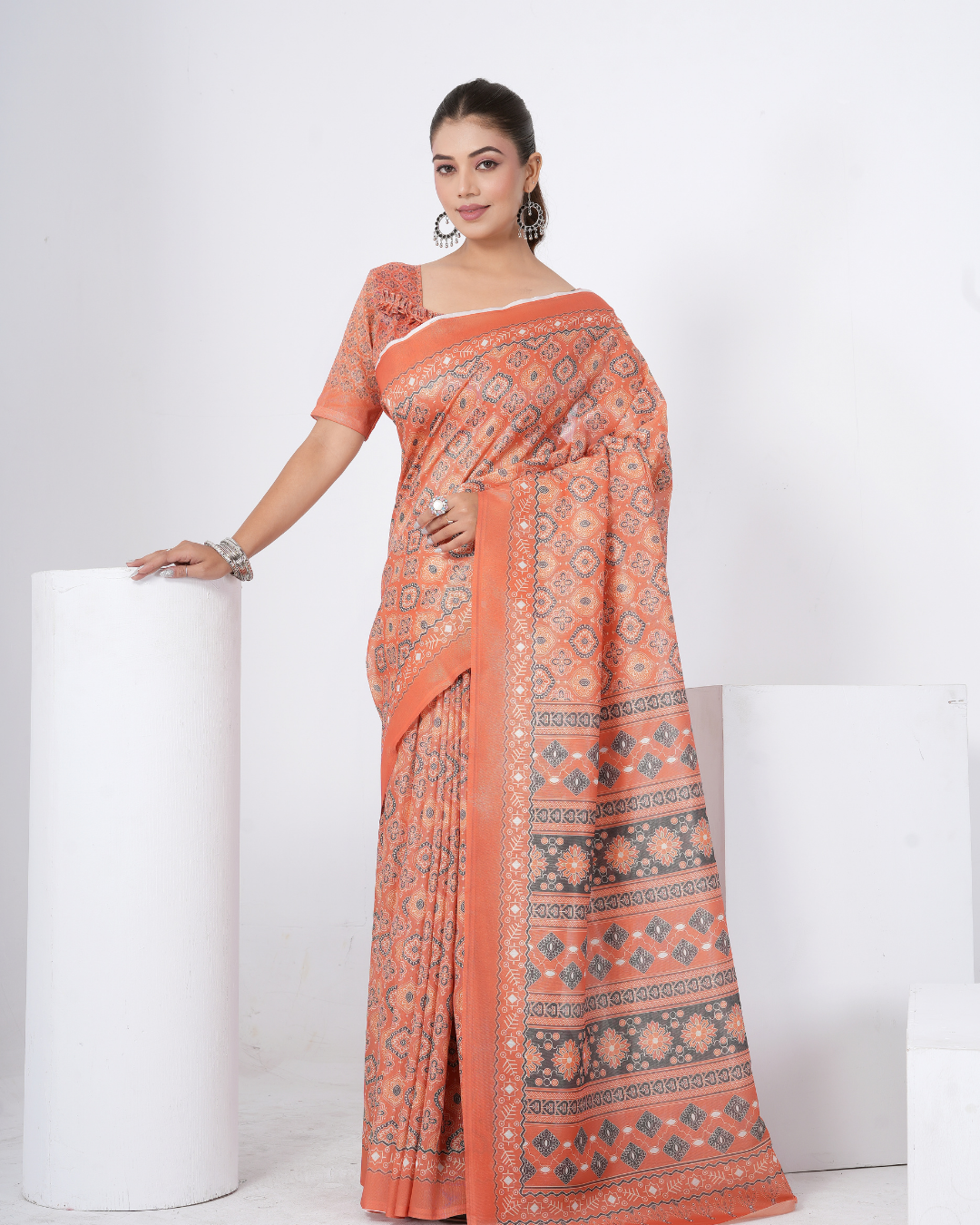 Warm Rust Ikat Grid Saree