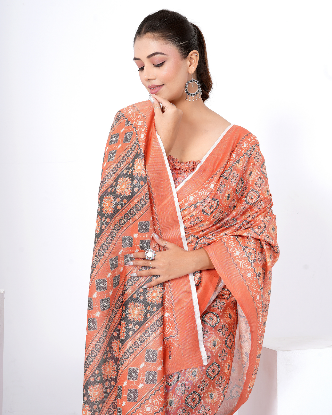 Warm Rust Ikat Grid Saree