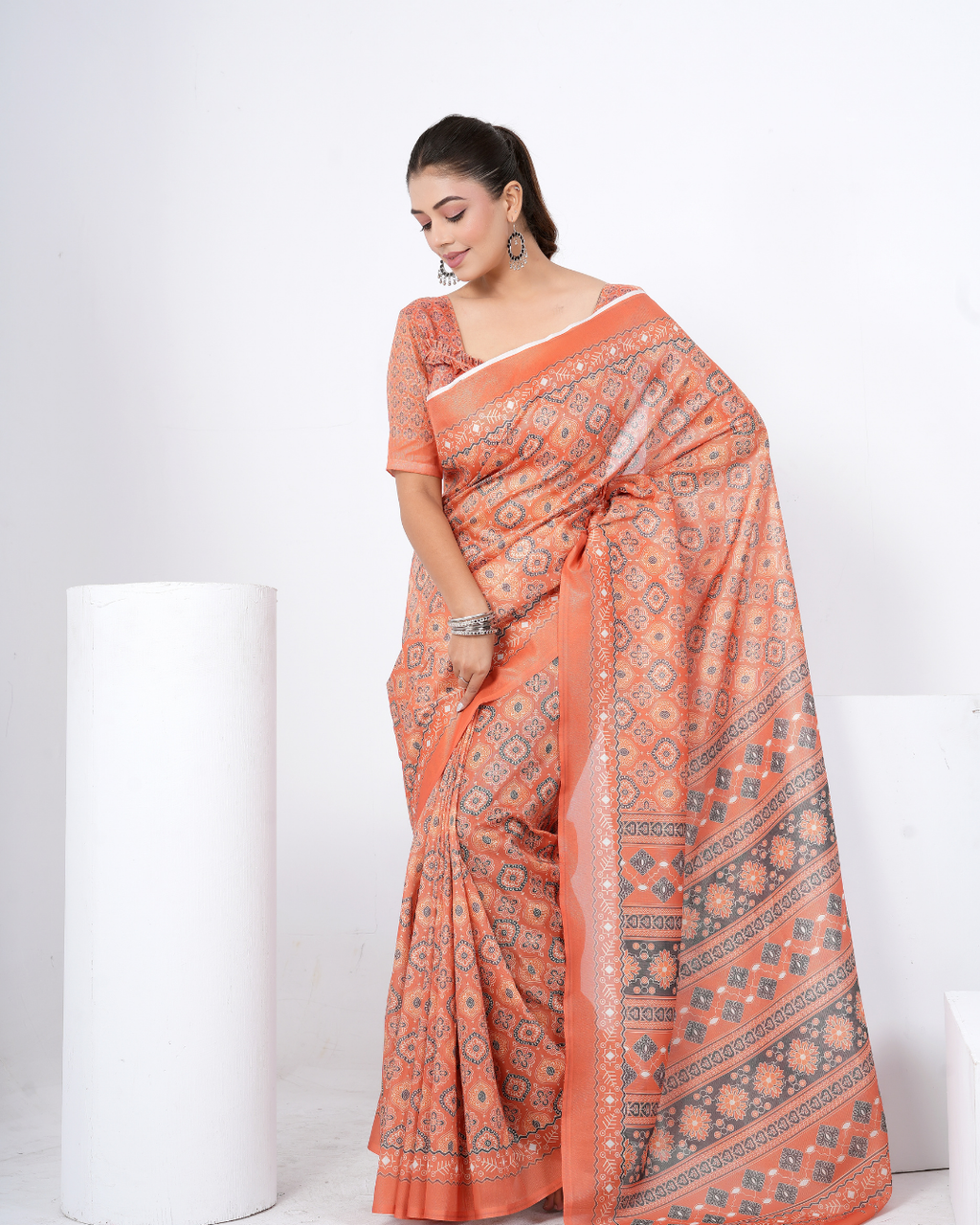 Warm Rust Ikat Grid Saree