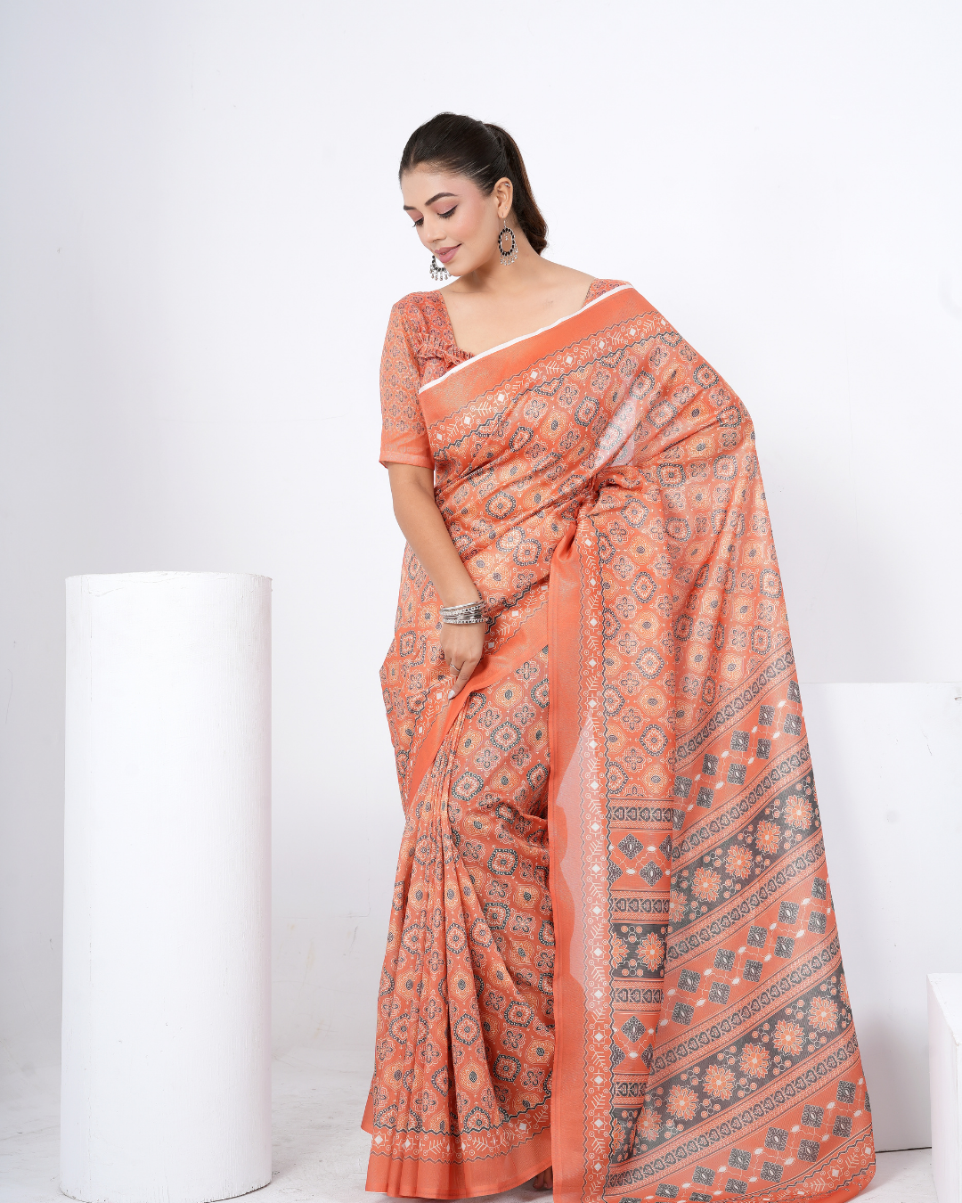 Warm Rust Ikat Grid Saree