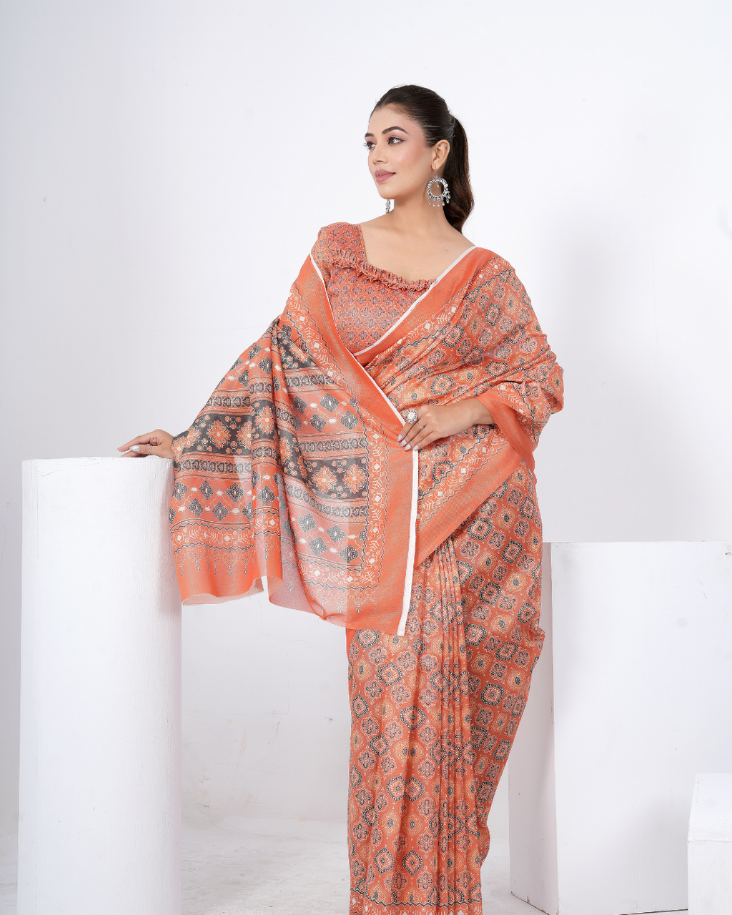 Warm Rust Ikat Grid Saree