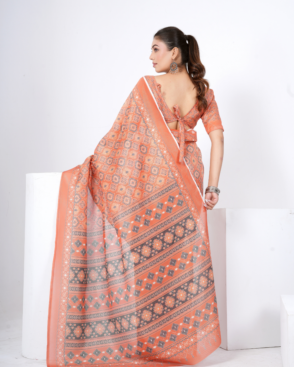 Warm Rust Ikat Grid Saree