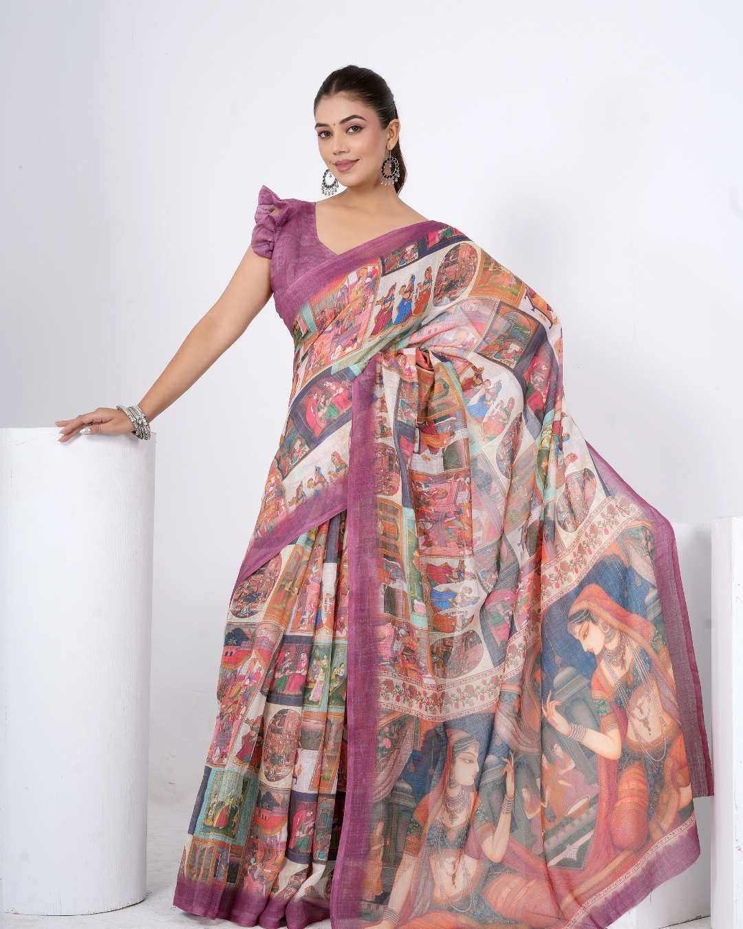 Vintage Purple Mughal Miniature Art Saree