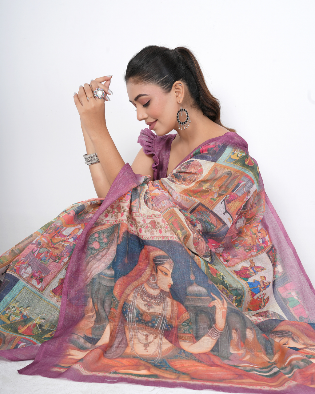 Vintage Purple Mughal Miniature Art Saree