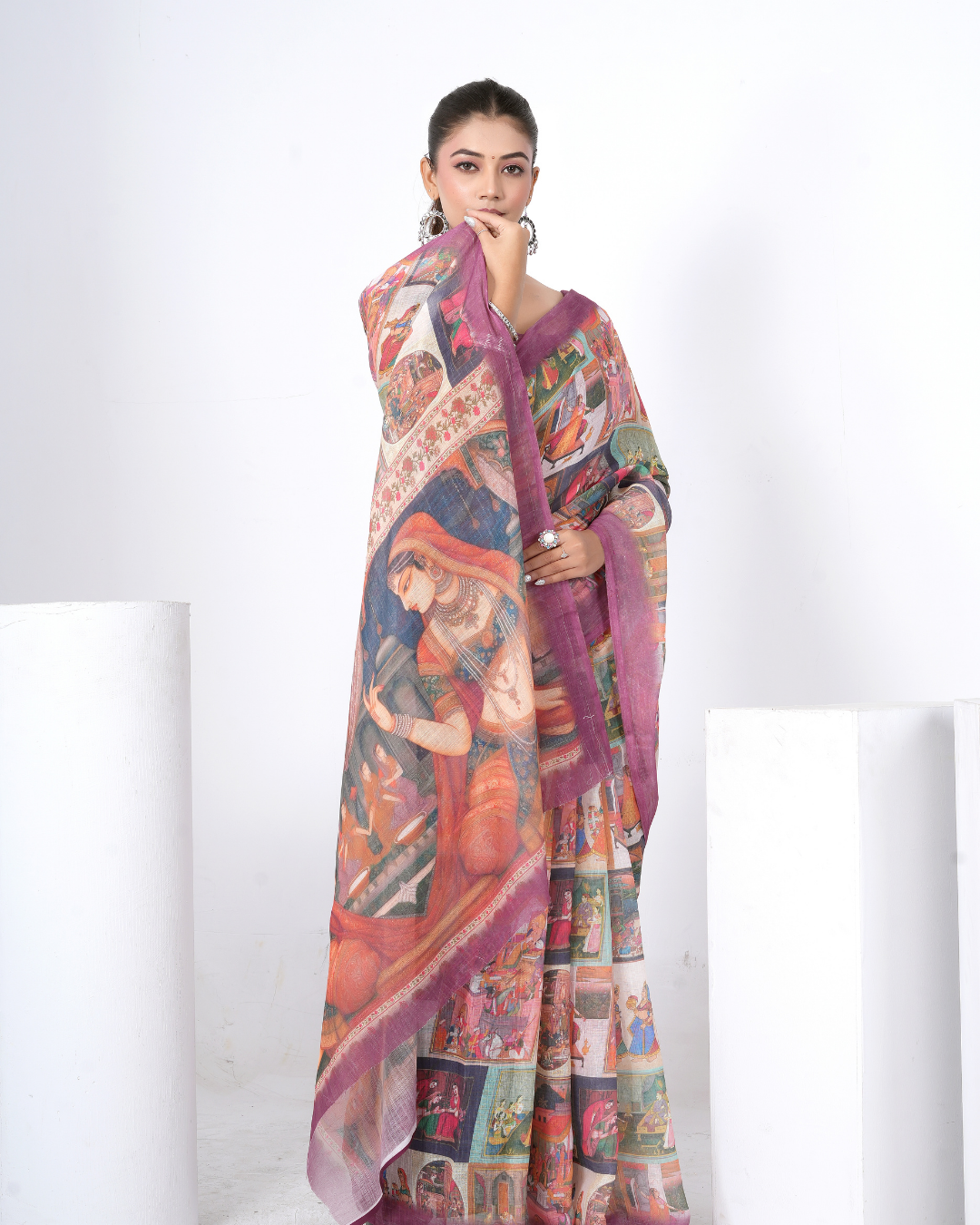 Vintage Purple Mughal Miniature Art Saree