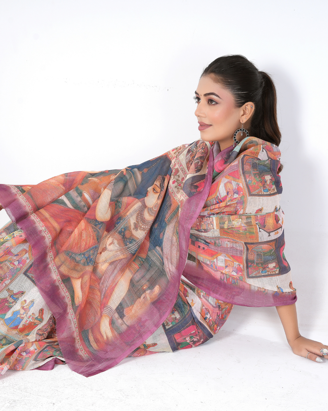 Vintage Purple Mughal Miniature Art Saree
