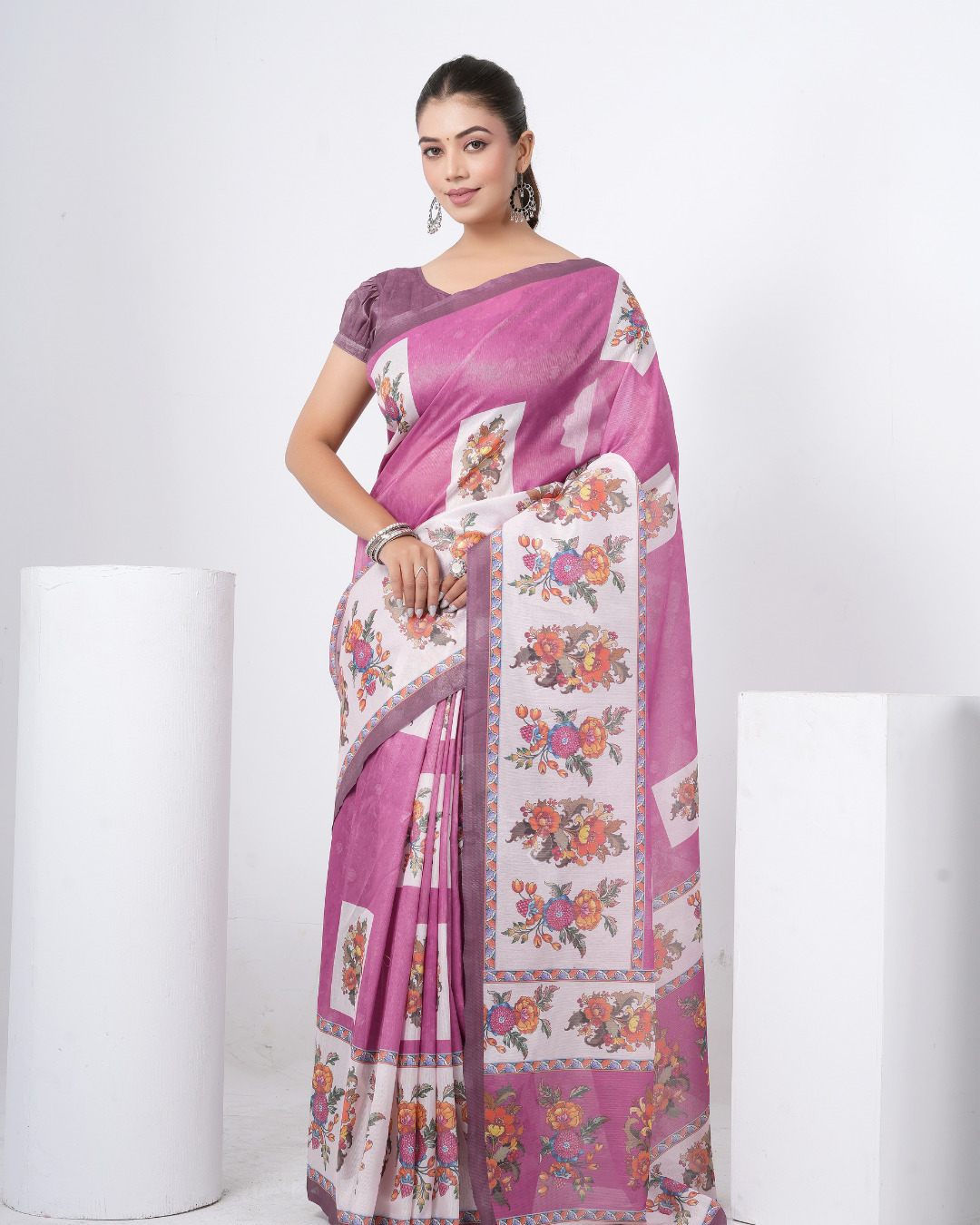 Orchid Violet Floral Bouquet Block Saree