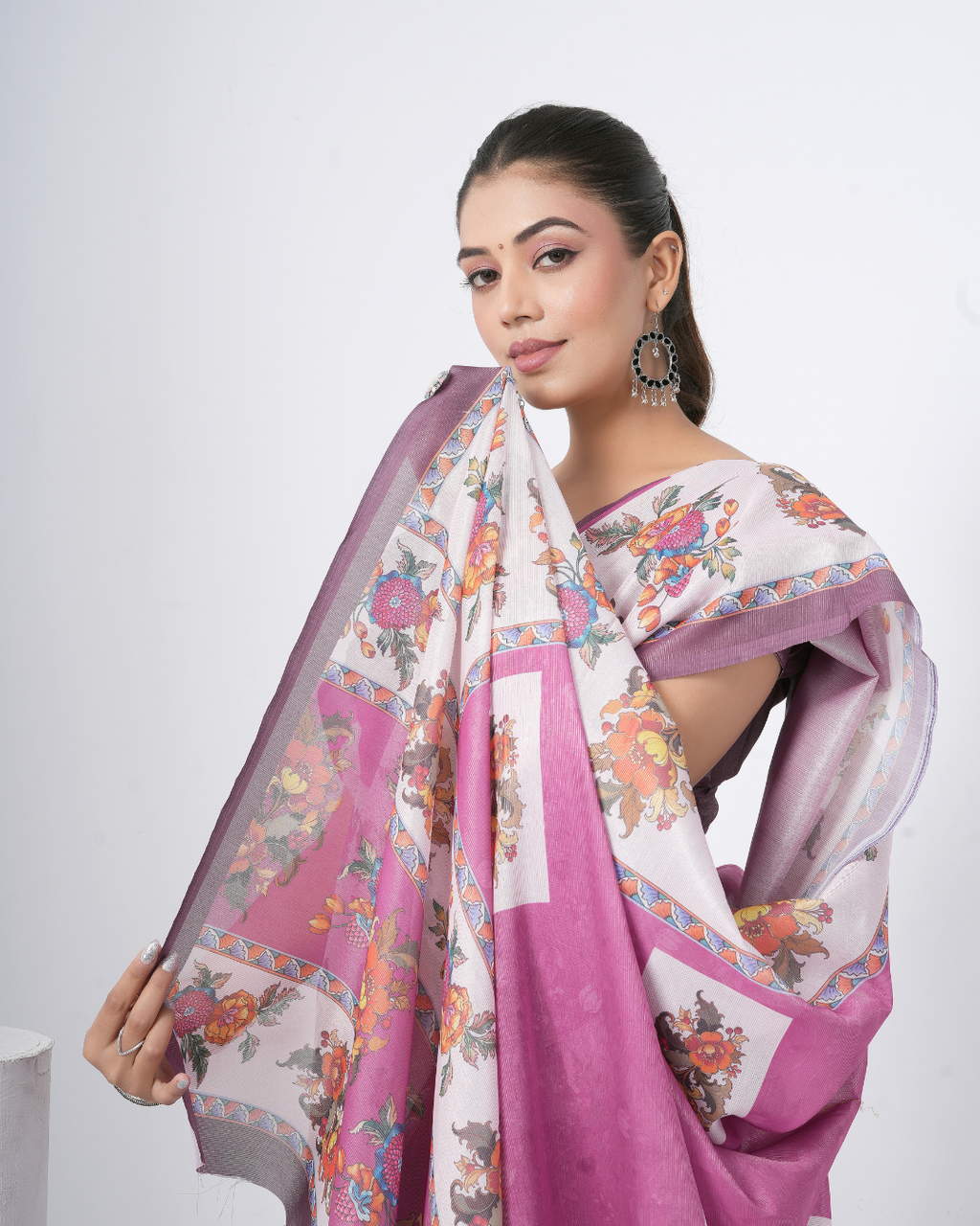Orchid Violet Floral Bouquet Block Saree