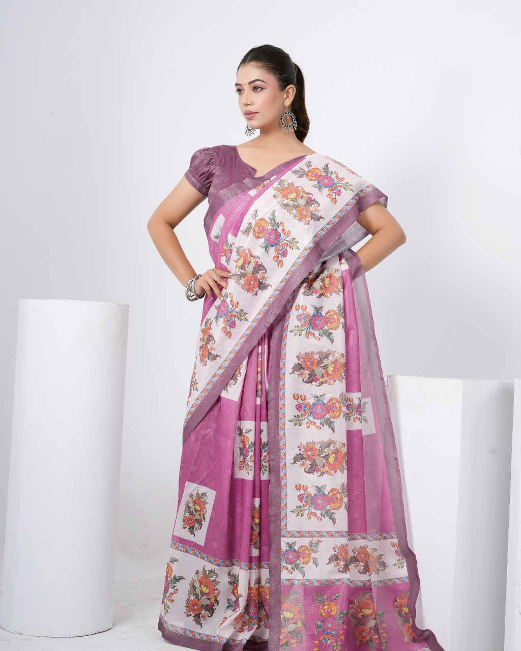 Orchid Violet Floral Bouquet Block Saree