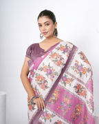 Orchid Violet Floral Bouquet Block Saree