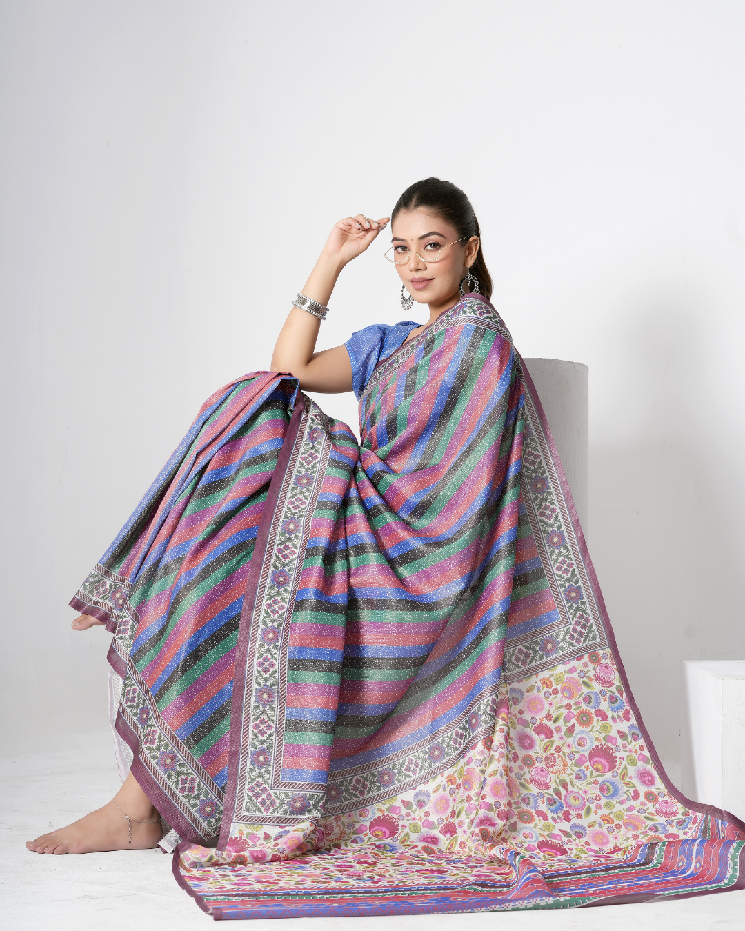 Multicolor Festive Rainbow Striped Saree