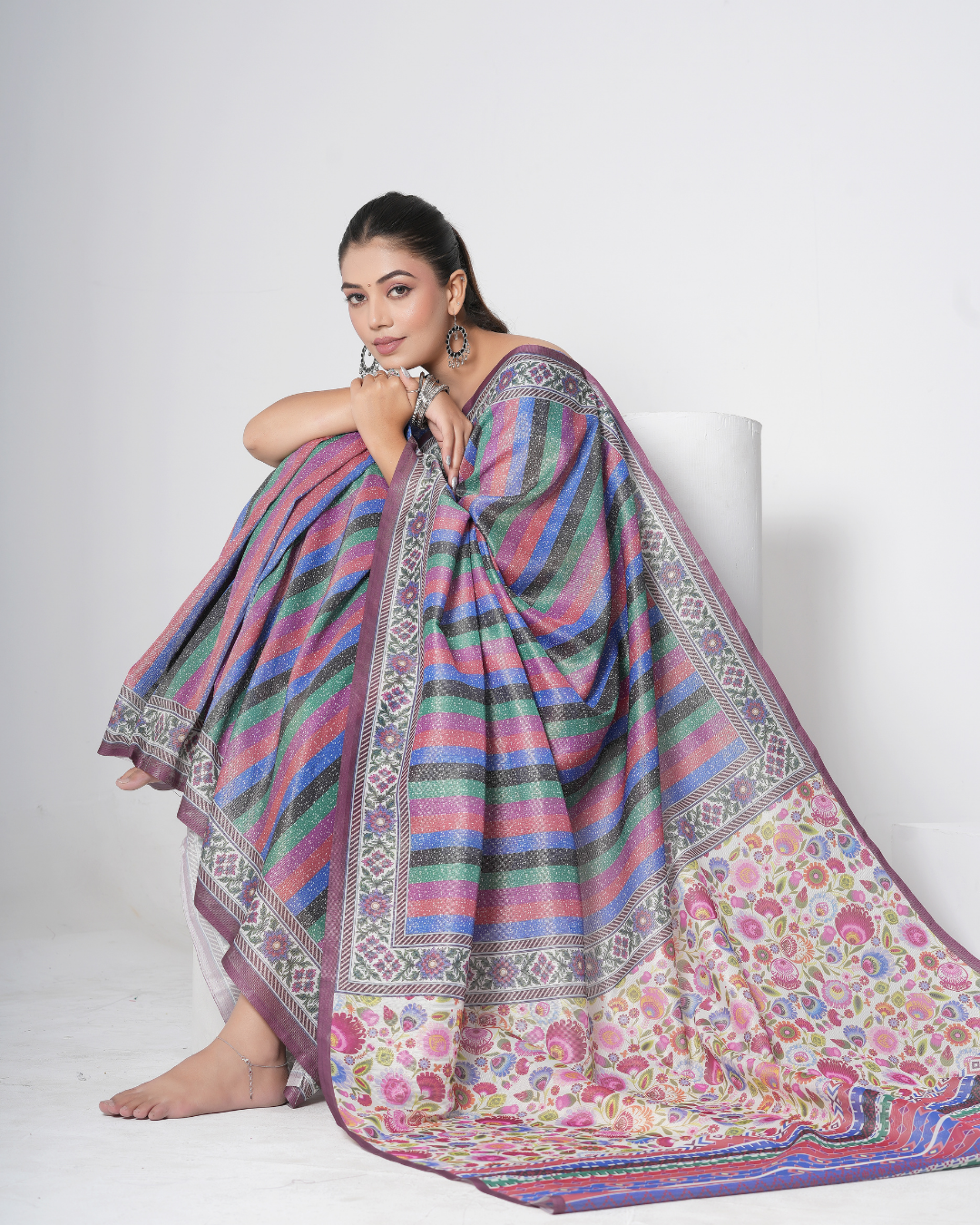 Multicolor Festive Rainbow Striped Saree