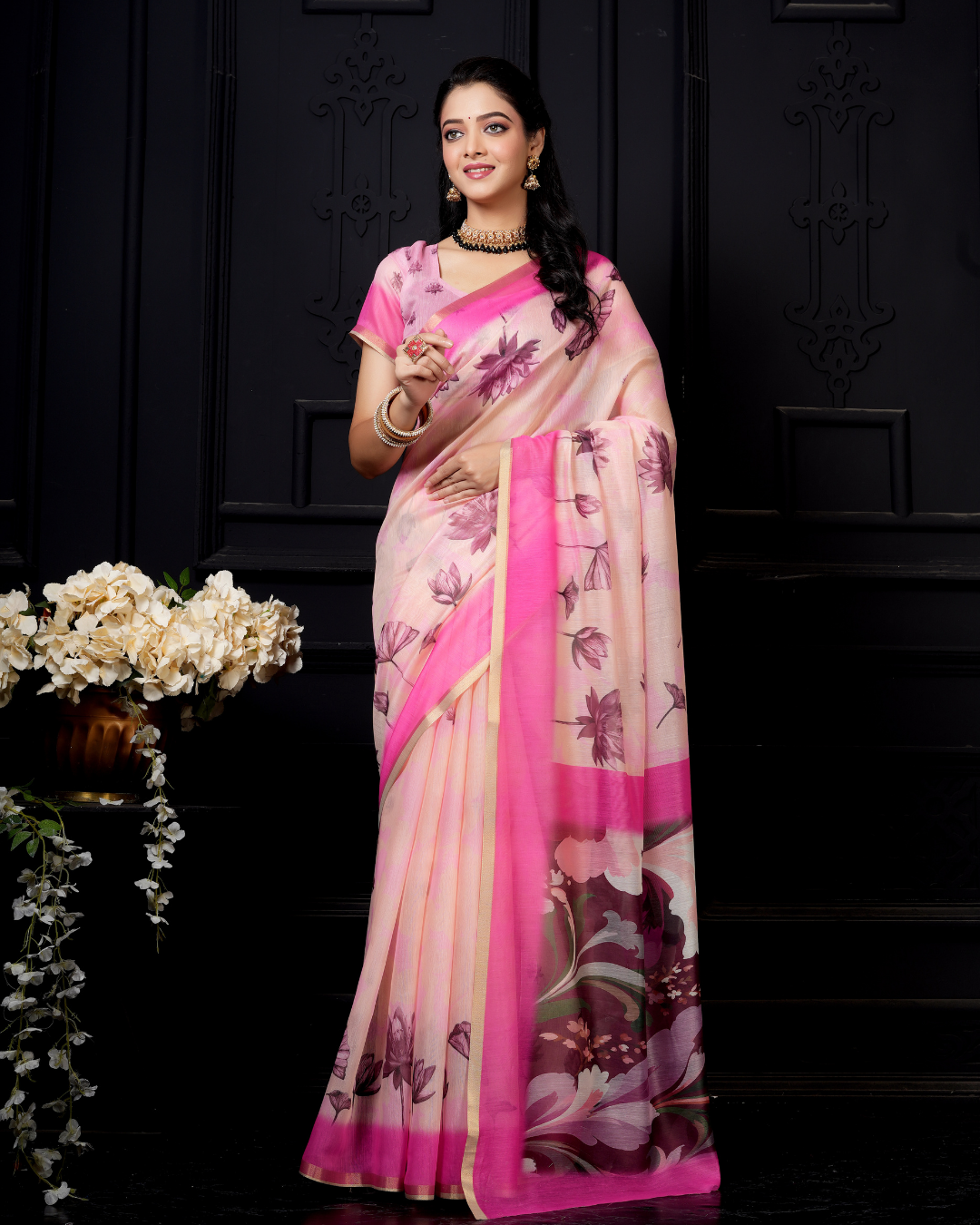 Blush Pink Watercolor Lily Saree