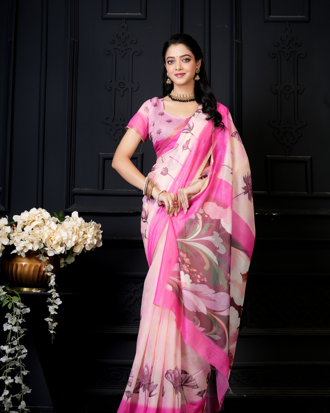 Blush Pink Watercolor Lily Saree