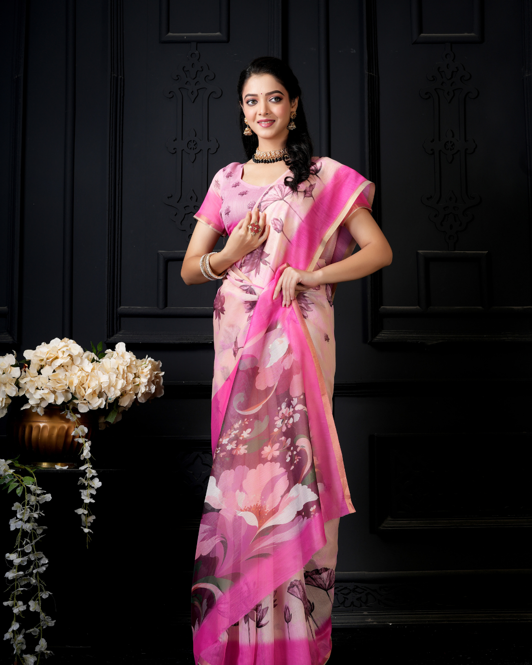 Blush Pink Watercolor Lily Saree
