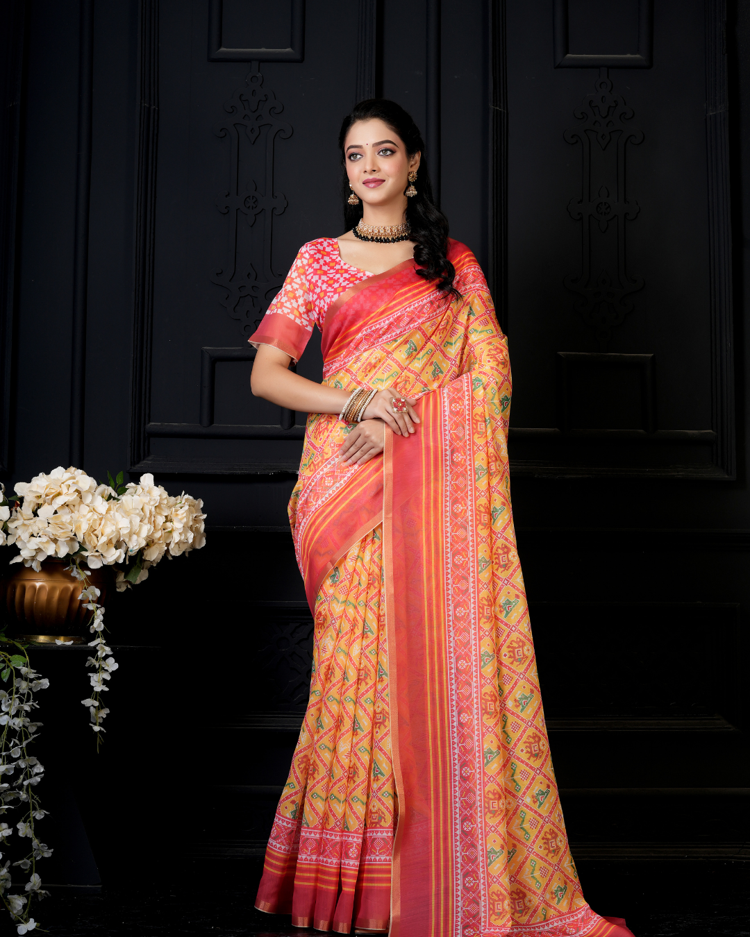 Marigold Orange Bandhani Ikkat Saree