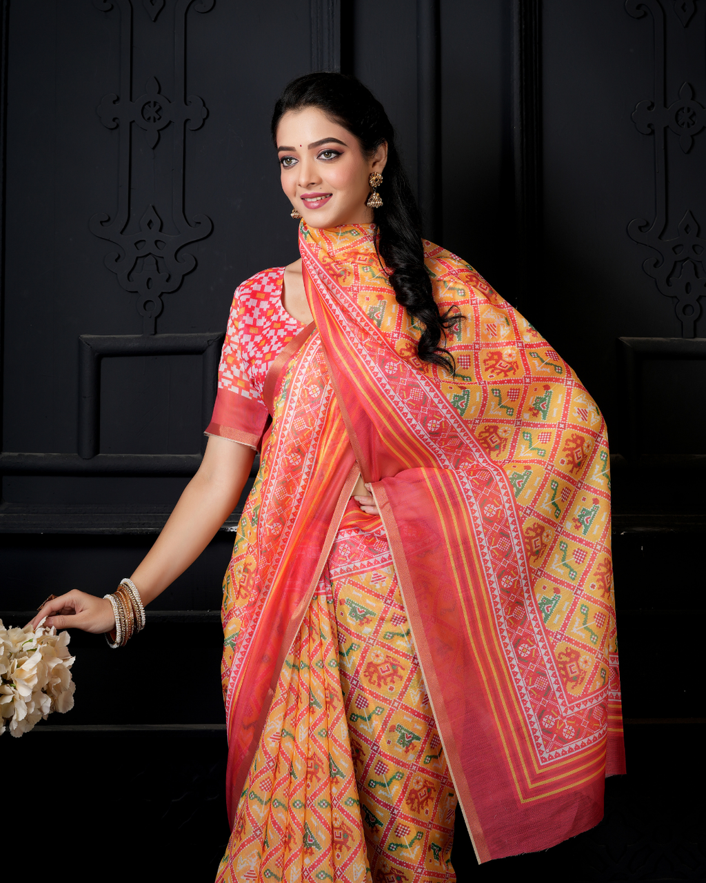 Marigold Orange Bandhani Ikkat Saree