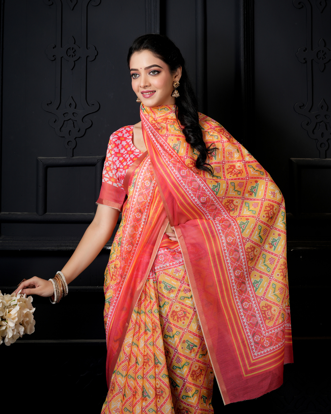 Marigold Orange Bandhani Ikkat Saree