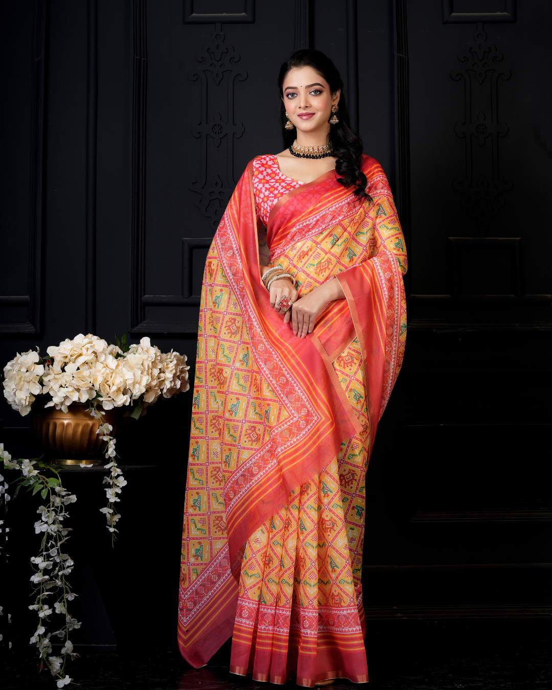 Marigold Orange Bandhani Ikkat Saree
