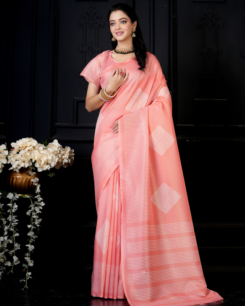 Peach Minimalist Diamond Stripe Saree