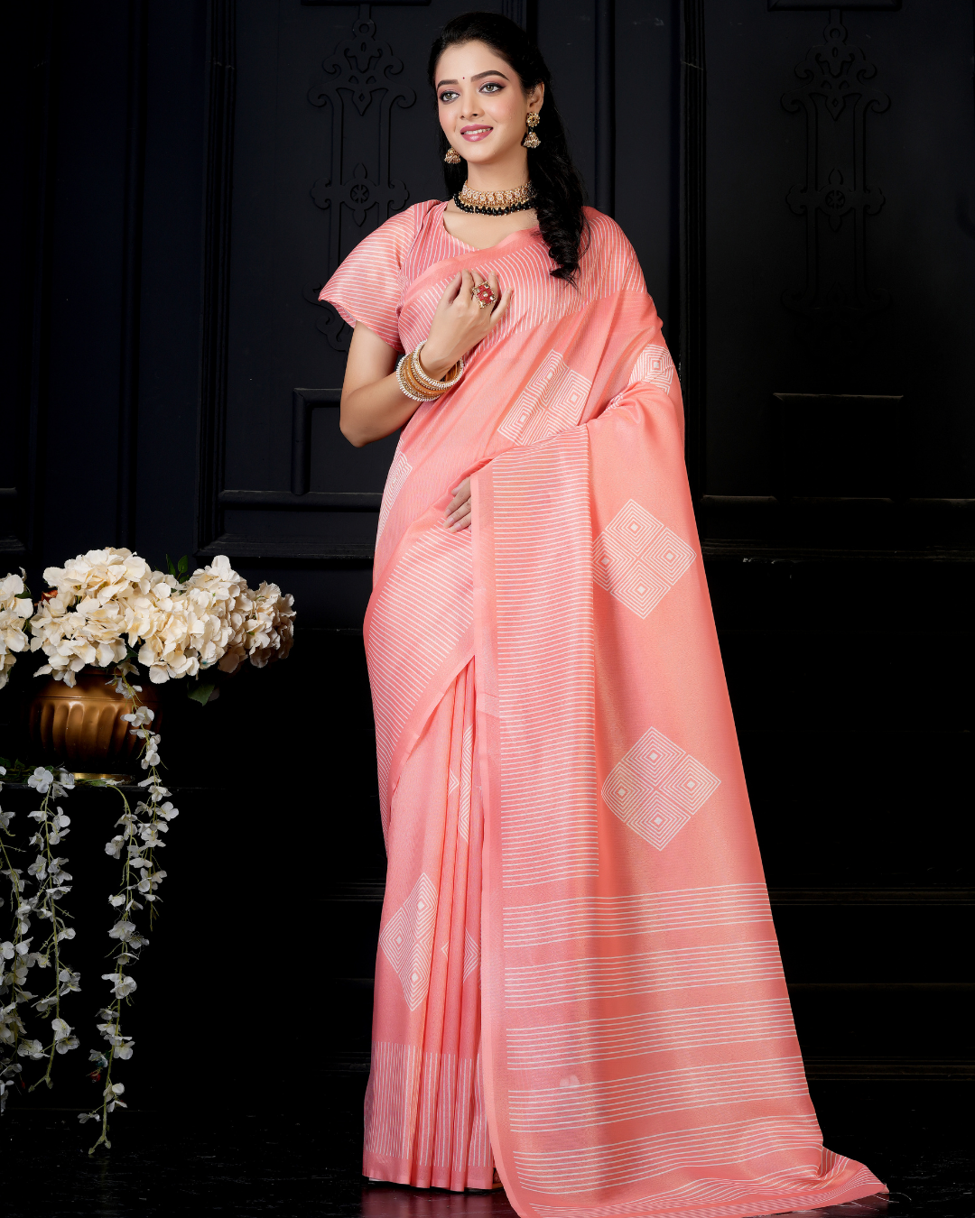 Peach Minimalist Diamond Stripe Saree