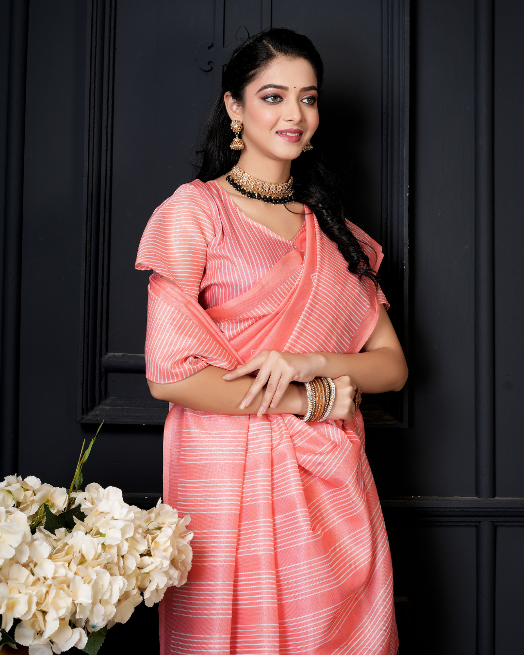 Peach Minimalist Diamond Stripe Saree