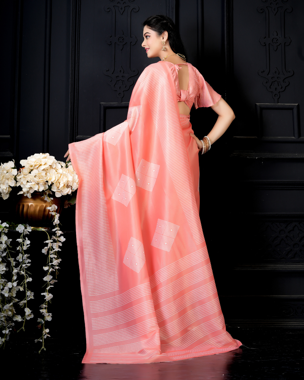 Peach Minimalist Diamond Stripe Saree