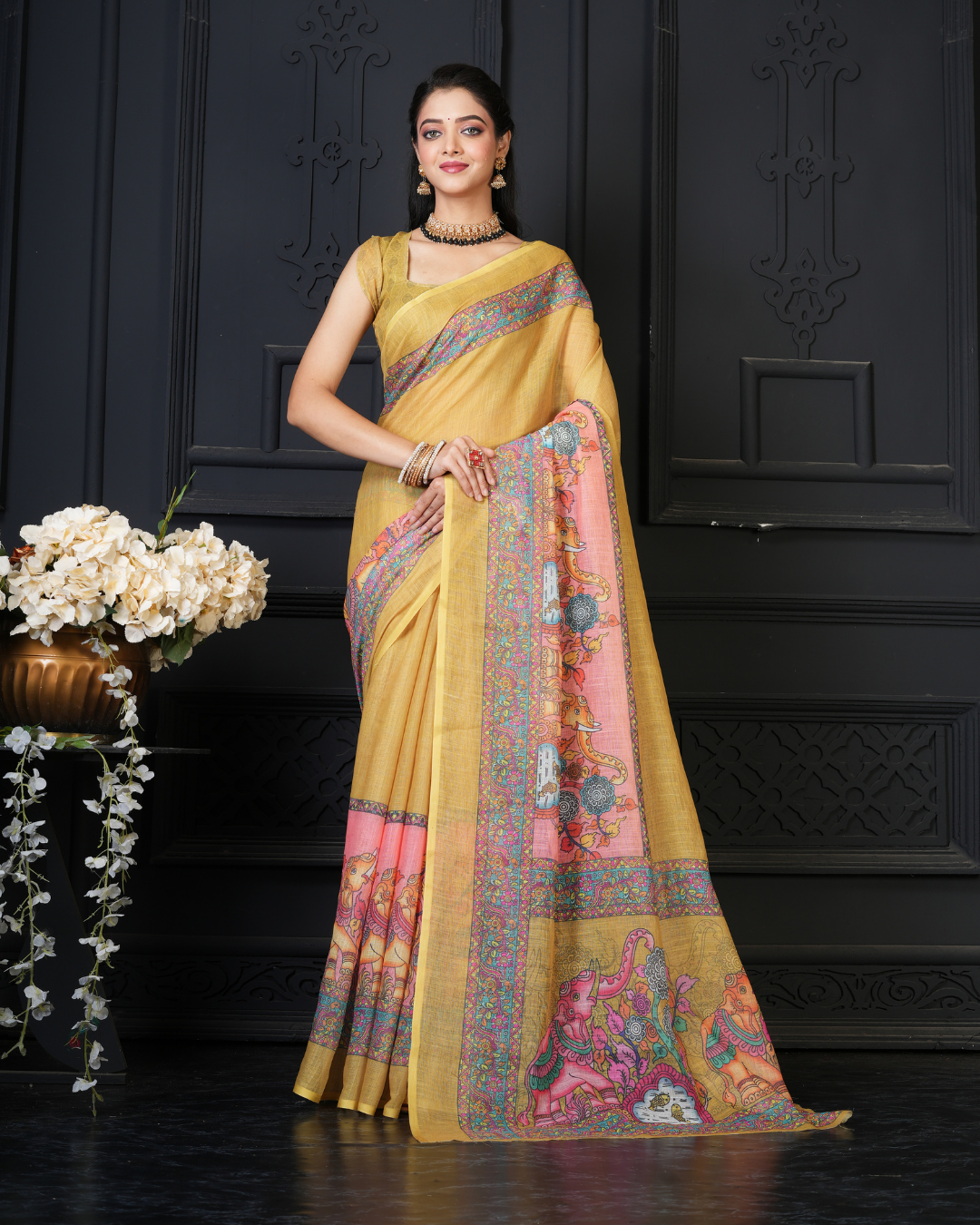 Mustard Yellow Royal Elephant Art Saree