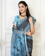 Charcoal Grey Cyan Sunburst Booti Saree