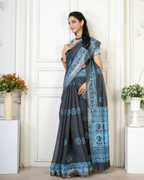 Charcoal Grey Cyan Sunburst Booti Saree