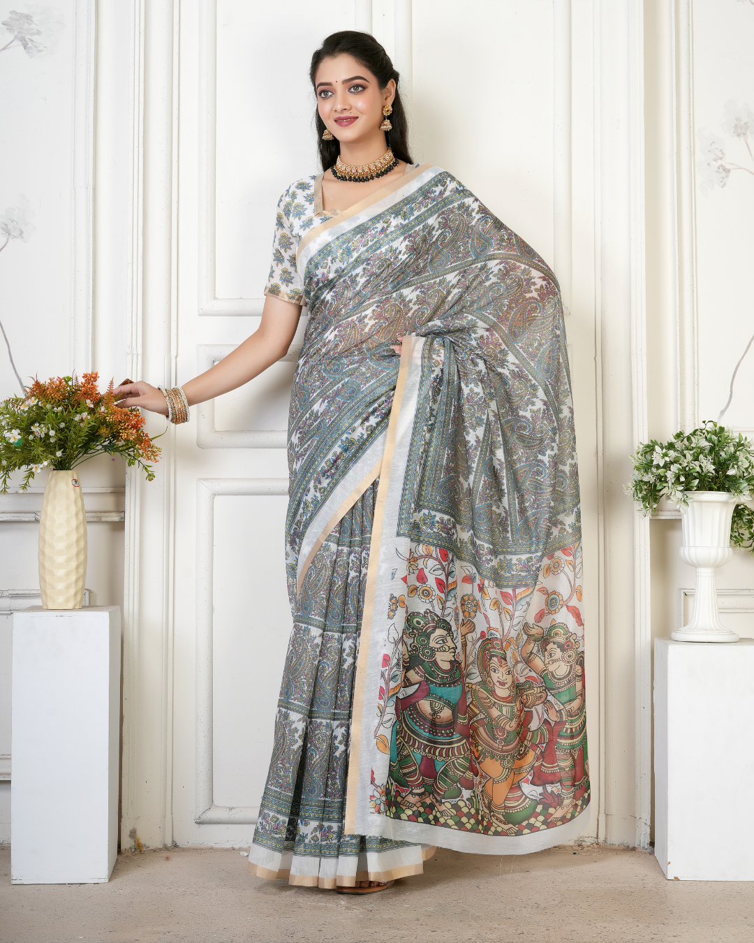 Ivory Kalamkari Devotional Dance Saree