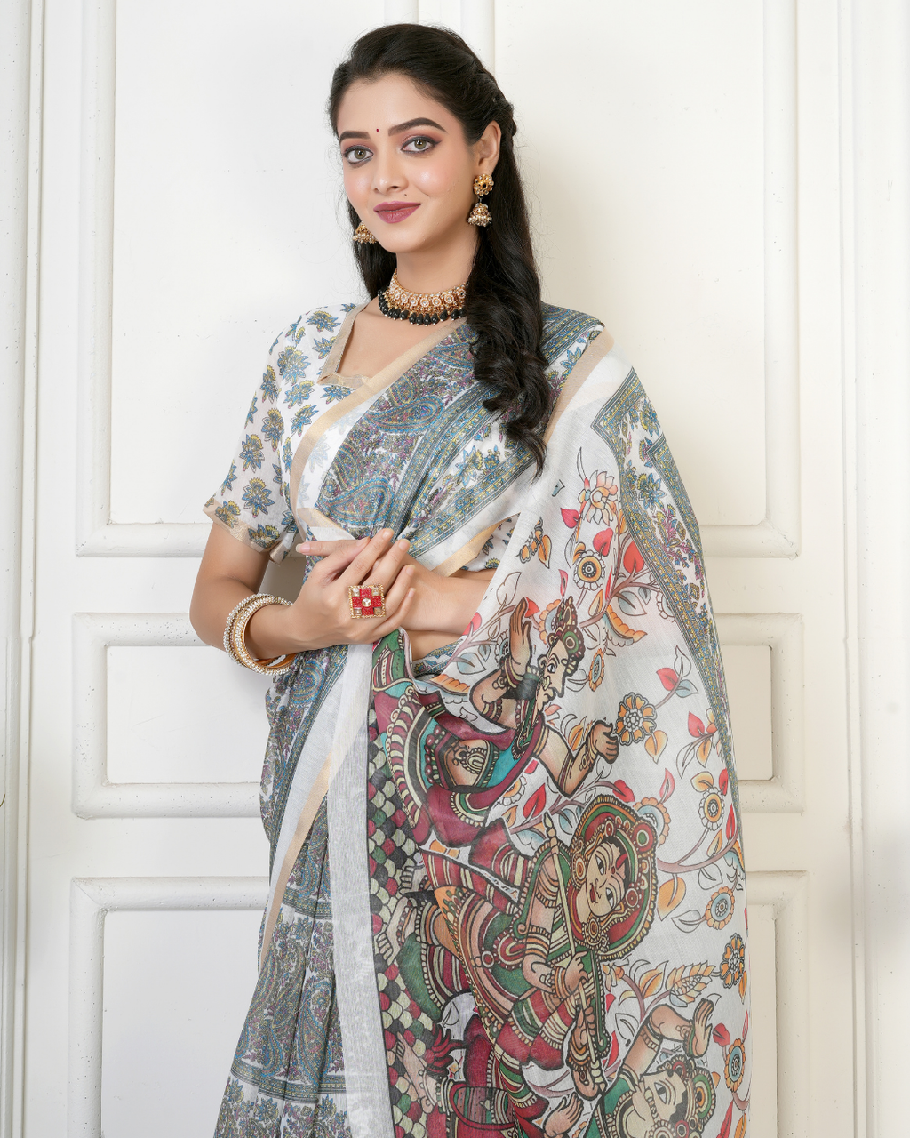 Ivory Kalamkari Devotional Dance Saree
