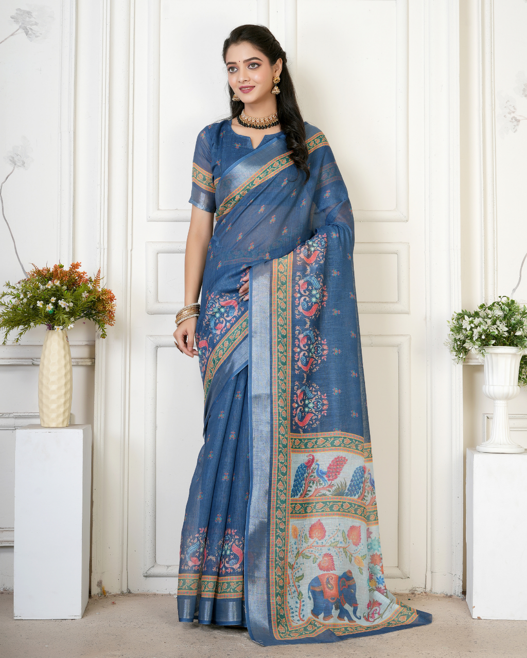 Denim Blue Royal Peacock Elephant Saree