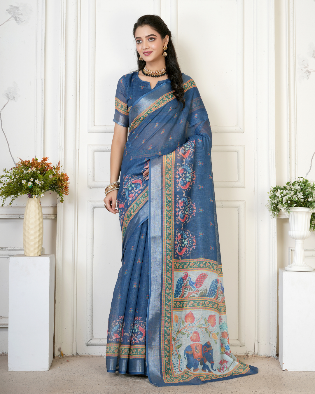 Denim Blue Royal Peacock Elephant Saree