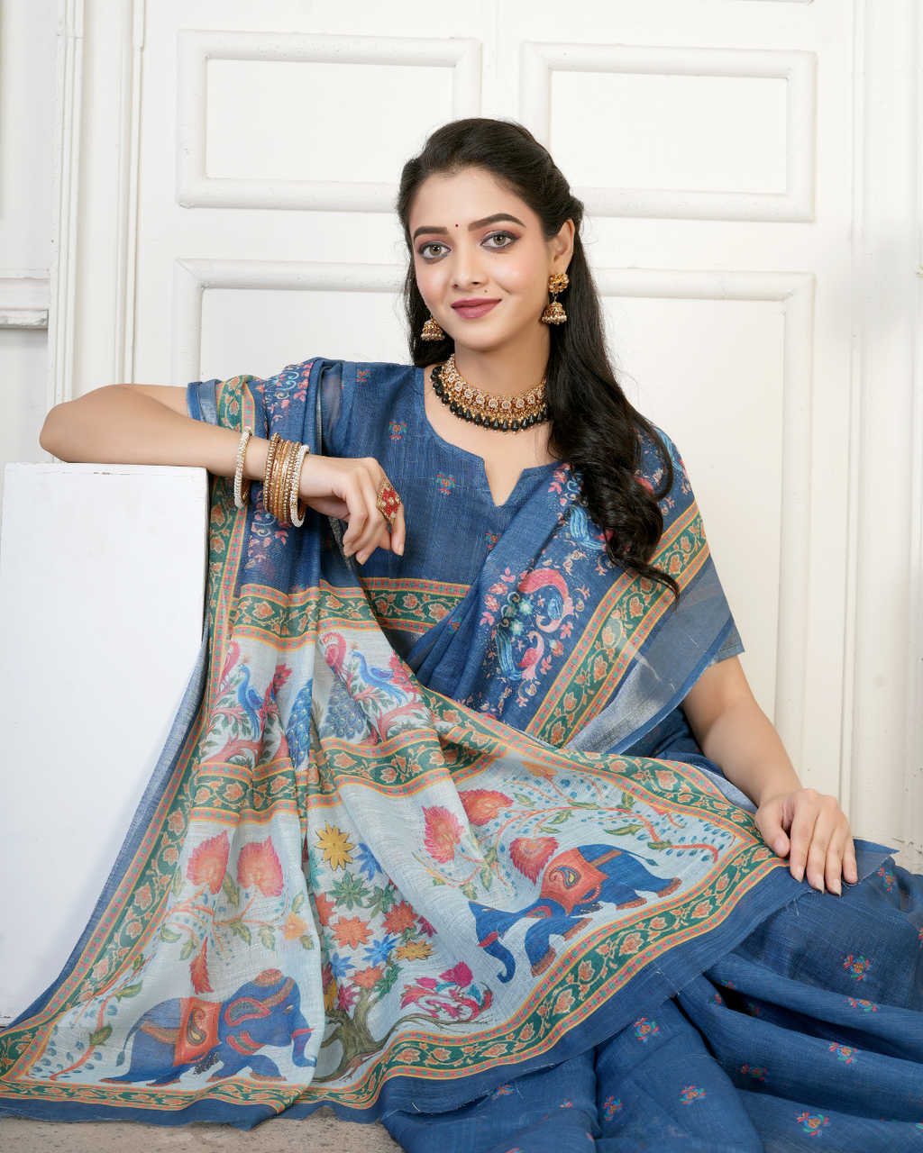 Denim Blue Royal Peacock Elephant Saree
