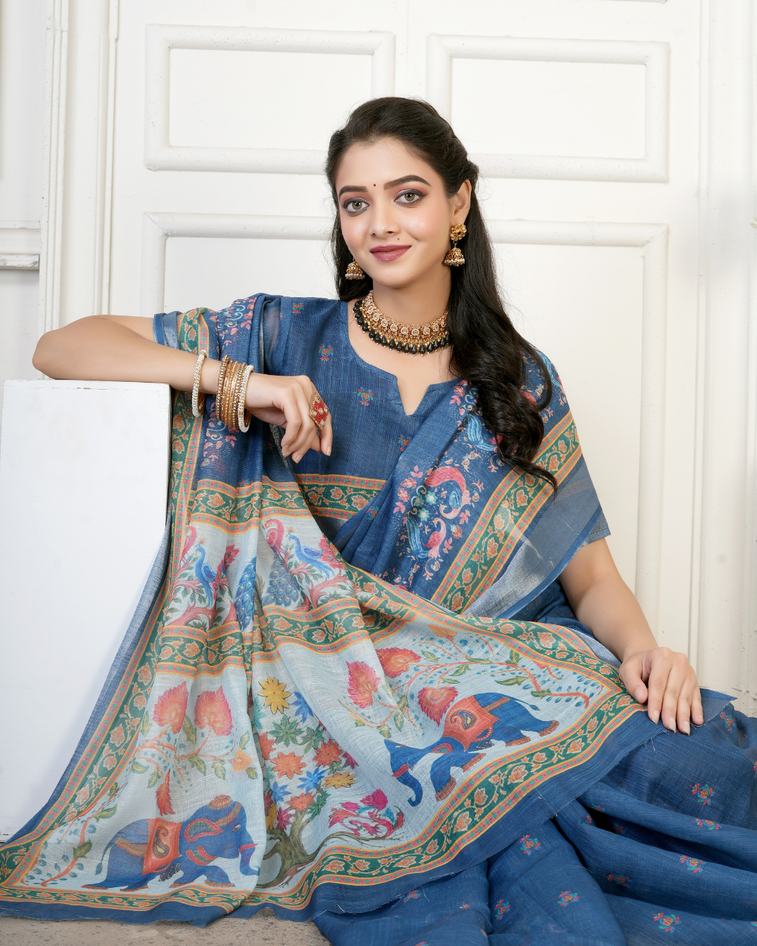 Denim Blue Royal Peacock Elephant Saree