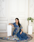 Denim Blue Royal Peacock Elephant Saree