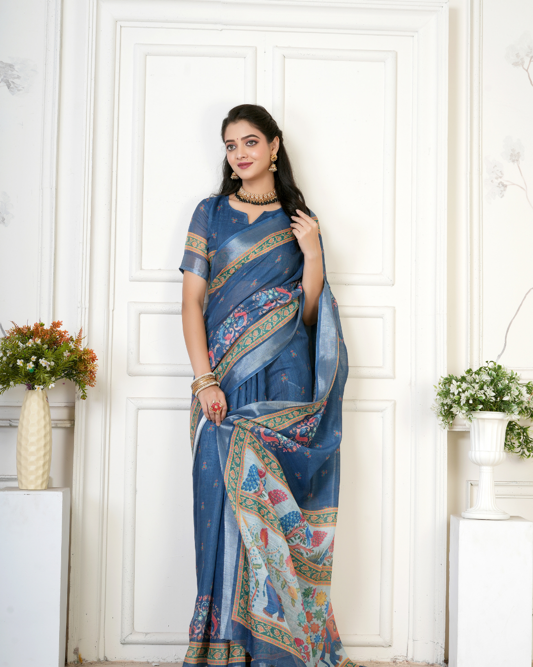 Denim Blue Royal Peacock Elephant Saree