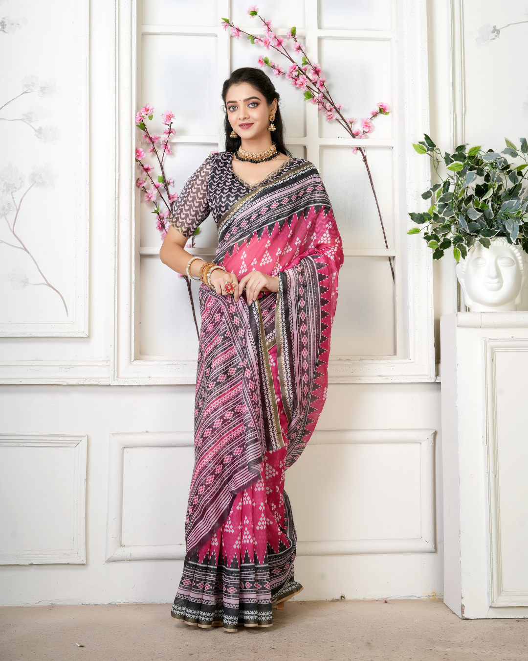 Rani Pink Geometric Ikat Temple Saree
