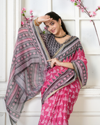Rani Pink Geometric Ikat Temple Saree