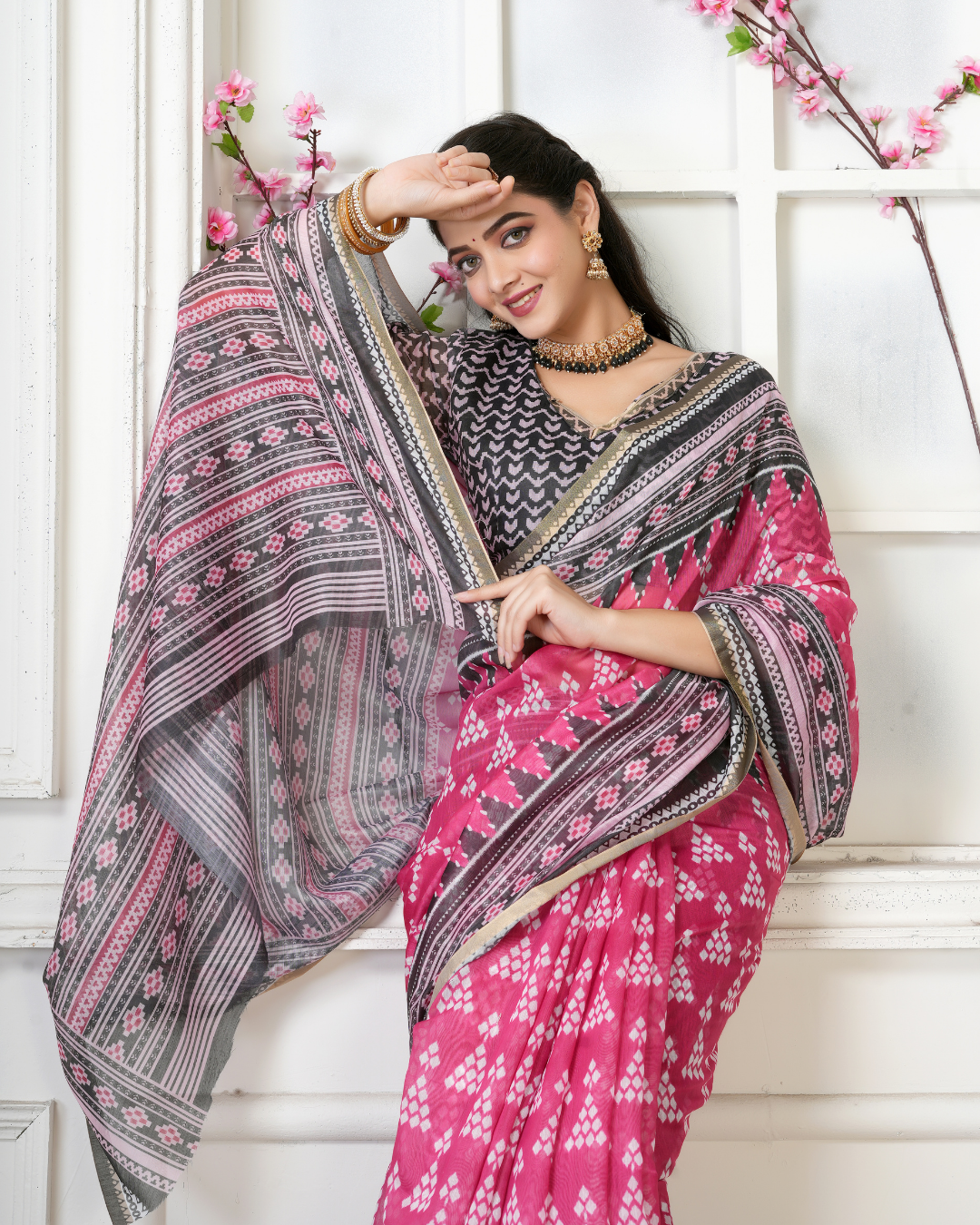 Rani Pink Geometric Ikat Temple Saree