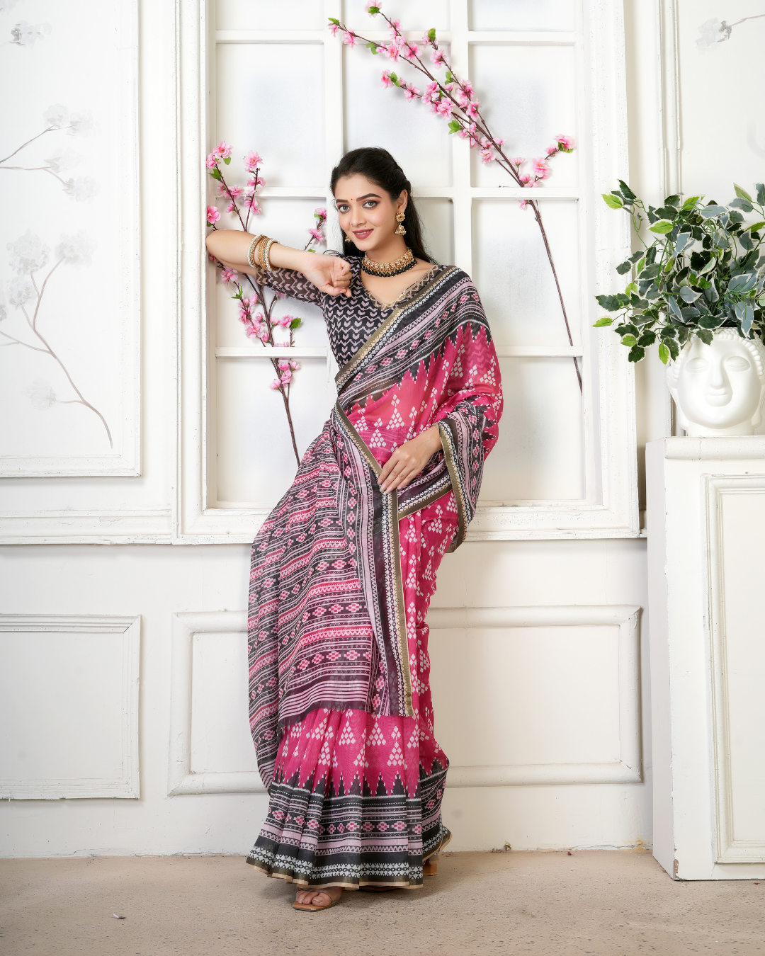 Rani Pink Geometric Ikat Temple Saree