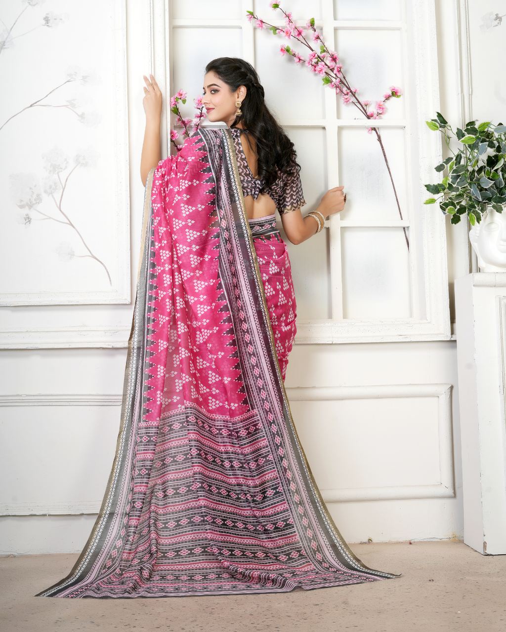 Rani Pink Geometric Ikat Temple Saree