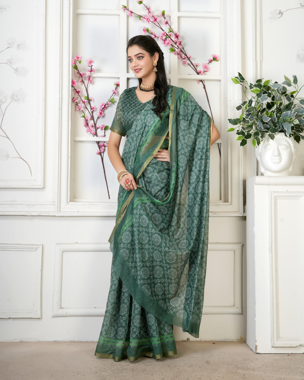 Bottle Green Intricate Bandhani Jaal Saree