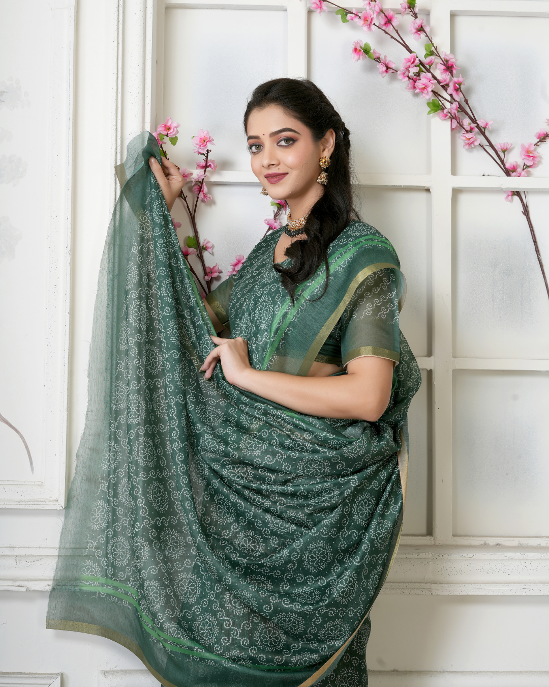 Bottle Green Intricate Bandhani Jaal Saree