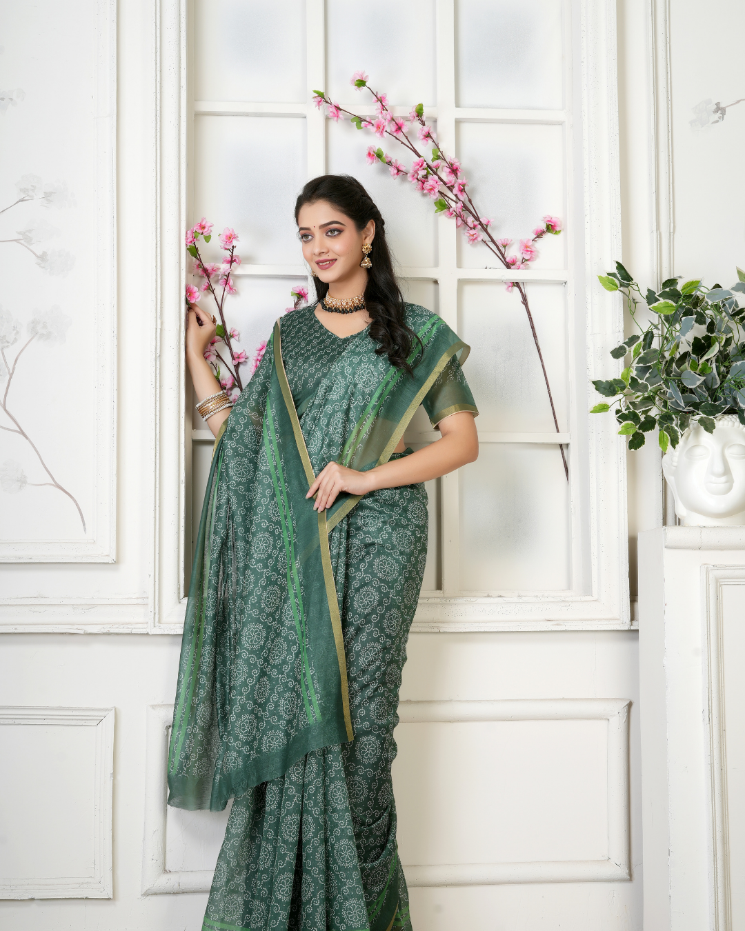 Bottle Green Intricate Bandhani Jaal Saree
